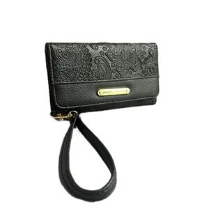 Stone Mountain Black Tooled Leather Embossed Wristlet Wallet with Gold Hardware